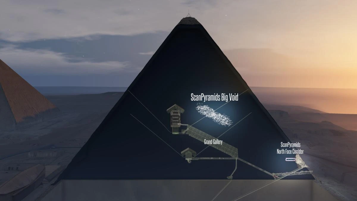 This handout 3D artistic view made by the ScanPyramids mission and released on Nov. 2, 2017 by the Nature Publishing Group shows a hidden internal structure in Khufu’s Pyramid, the largest pyramid in Giza. Scientists have found, but not yet examined, a mysterious, Boeing-sized “void” in the Great Pyramid of Egypt — a fourth cavity besides the already-known king and queen’s “chambers” and Grand Gallery, they announced on Nov. 2, 2017. (AFP/Nature Publishing Group/ScanPyramids mission)