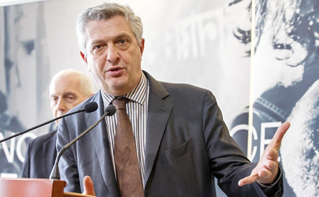 UN High Commissioner for Refugees, UNHCR, Italian Filippo Grandi, right, speaks during a press briefing after the Pledging Conference for the Rohingya Refugee Crisis, at the European headquarters of the United Nations in Geneva, Switzerland, on Oct. 23, 2017. (Salvatore Di Nolfi/Keystone via AP)