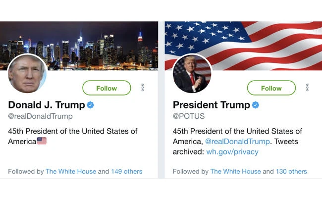 The mastheads of US President Donald Trump's Twitter accounts.