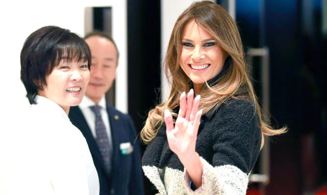 US First Lady Melania Trump and her Japanese counterpart Akie Abe visit a pearl jewelry maker, in Tokyo on Sunday. (AP)