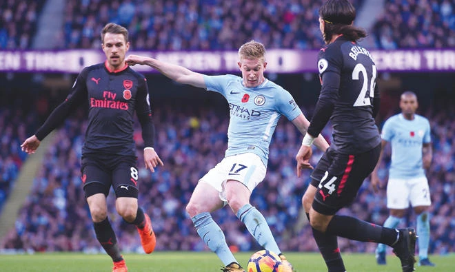 Manchester City’s star man Kevin De Bruyne getting his side’s first goal at the Etihad Stadium. (AFP)