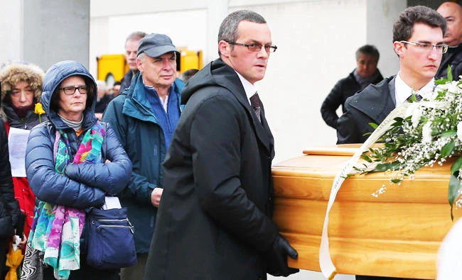 In this Feb. 12, 2016 file photo, the family of Giulio Regeni follows his coffin during the funeral service in Fiumicello, Northern Italy. (AP)