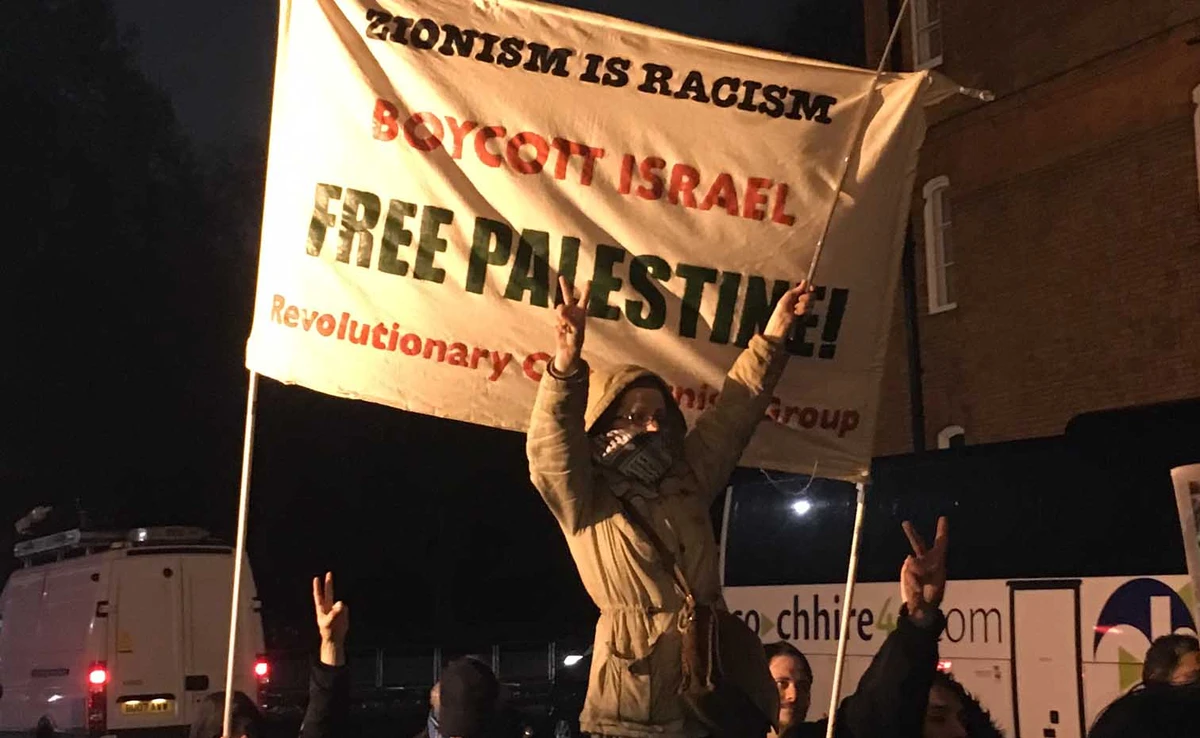 Pro-Palestine protesters are seen waving flags and banners while lambasting the UK government’s Middle East policies outside the Royal Albert Hall in London. (AN photo)