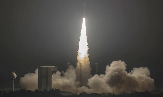 The Vega launcher lifts off from the European spaceport in Kourou, French Guiana, carrying onboard the Mohammed VI satellite. (AFP)