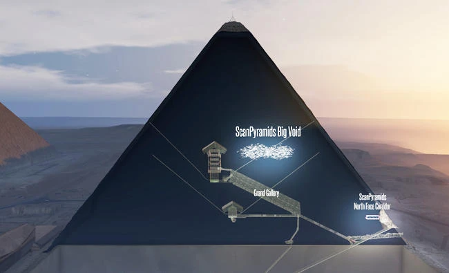 This handout 3D artistic view made by the ScanPyramids mission and released on November 2, 2017 by the Nature Publishing Group shows a hidden internal structure in Khufu’s Pyramid, the largest pyramid in Giza. (AFP)
