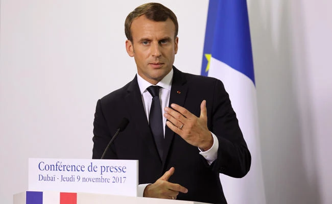 French President Emmanuel Macron gives a press conference in Dubai on Thursday, November 9, 2017. (AFP / LUDOVIC MARIN)