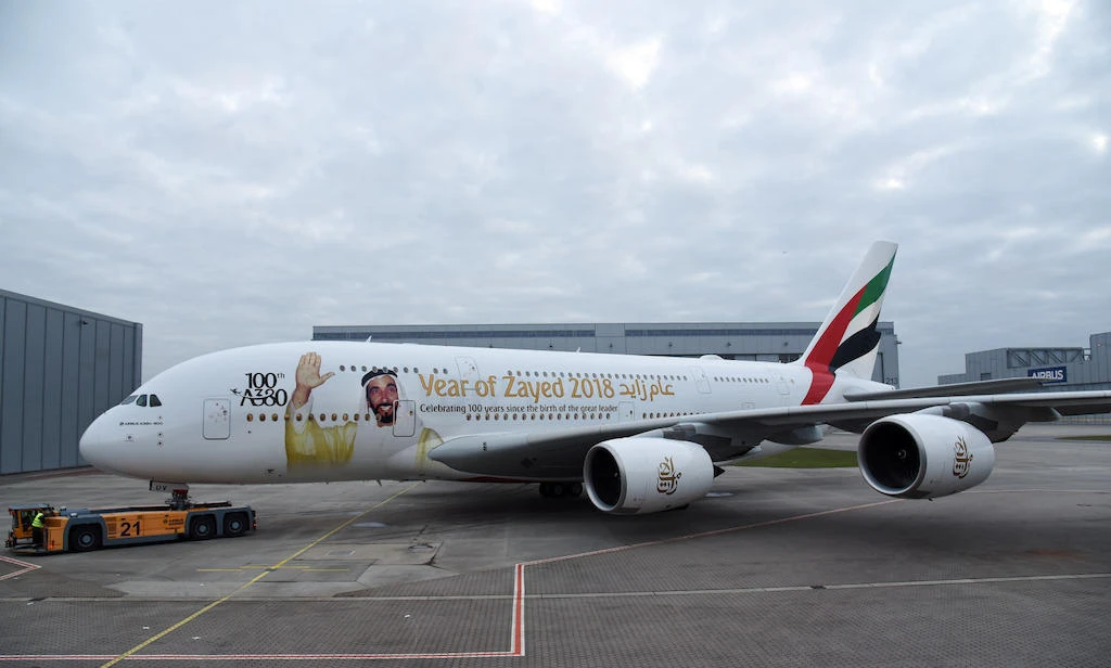 Emirates unveiled a special tribute to the late Sheikh Zayed bin Sultan Al Nahyan, founding father of the United Arab Emirates, with bespoke livery for its 100th Airbus A380. (Courtesy Emirates)