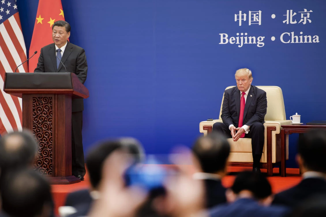 China’s President Xi Jinping makes a speech during a business leaders event with US President Donald Trump at the Great Hall of the People in Beijing on Nov. 9, 2017. (AFP/Jim Watson)