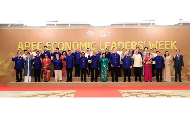 Leaders and their spouses pose for a family photo ahead of the Asia-Pacific Economic Cooperation (APEC) Summit leaders gala dinner in the central Vietnamese city of Danang on November 10, 2017. (AFP / Vietnam News Agency)