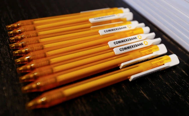 Pens with Commerzbank logo are pictured at the bank's annual news conference in Frankfurt on February 12, 2015. (REUTERS/Ralph Orlowski/File Photo)