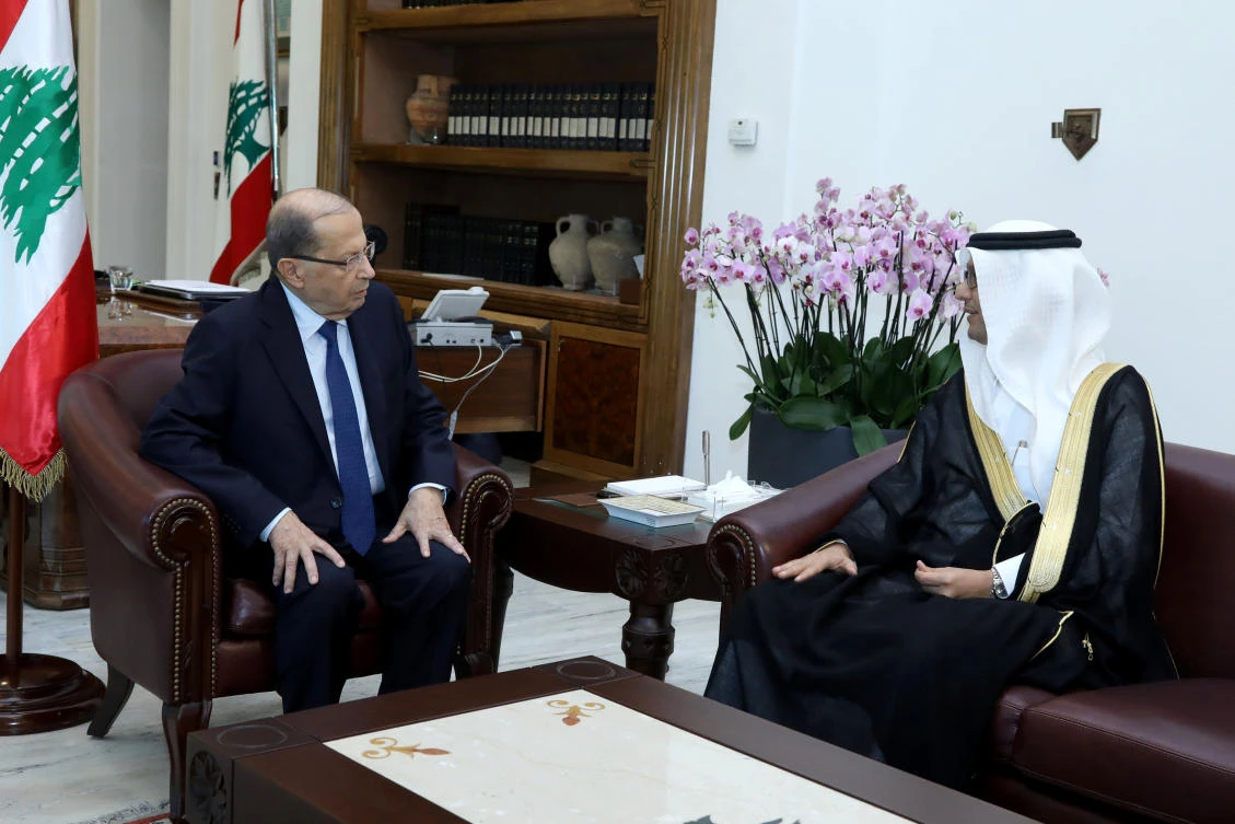 Lebanese President Michel Aoun meets with Waleed Bukhari, Charge d' Affaires of the Saudi Embassy in Lebanon, at the presidential palace in Baabda, Lebanon, on Friday, November 10, 2017. The Embassy is in touch with Lebanese security authorities to determine the whereabouts of a missing Saudi citizen. (Dalati Nohra/Handout via Reuters)