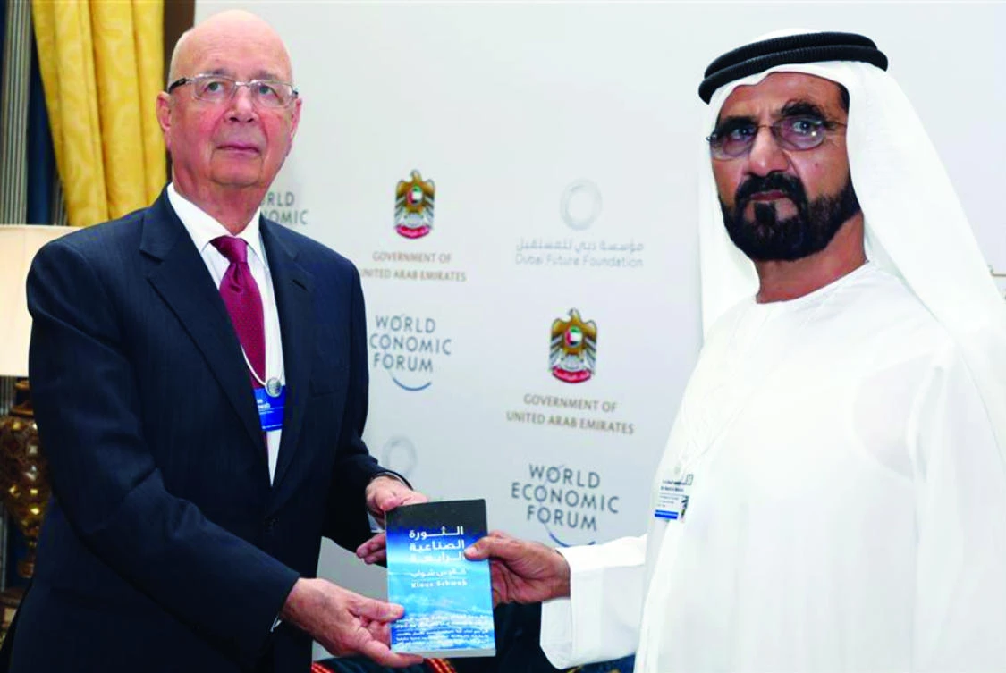 Dubai Ruler Sheikh Mohammed bin Rashid Al-Maktoum, right, and Klaus Schwab, founder and executive chairman of the World Economic Forum. (Dubai Media Office)
