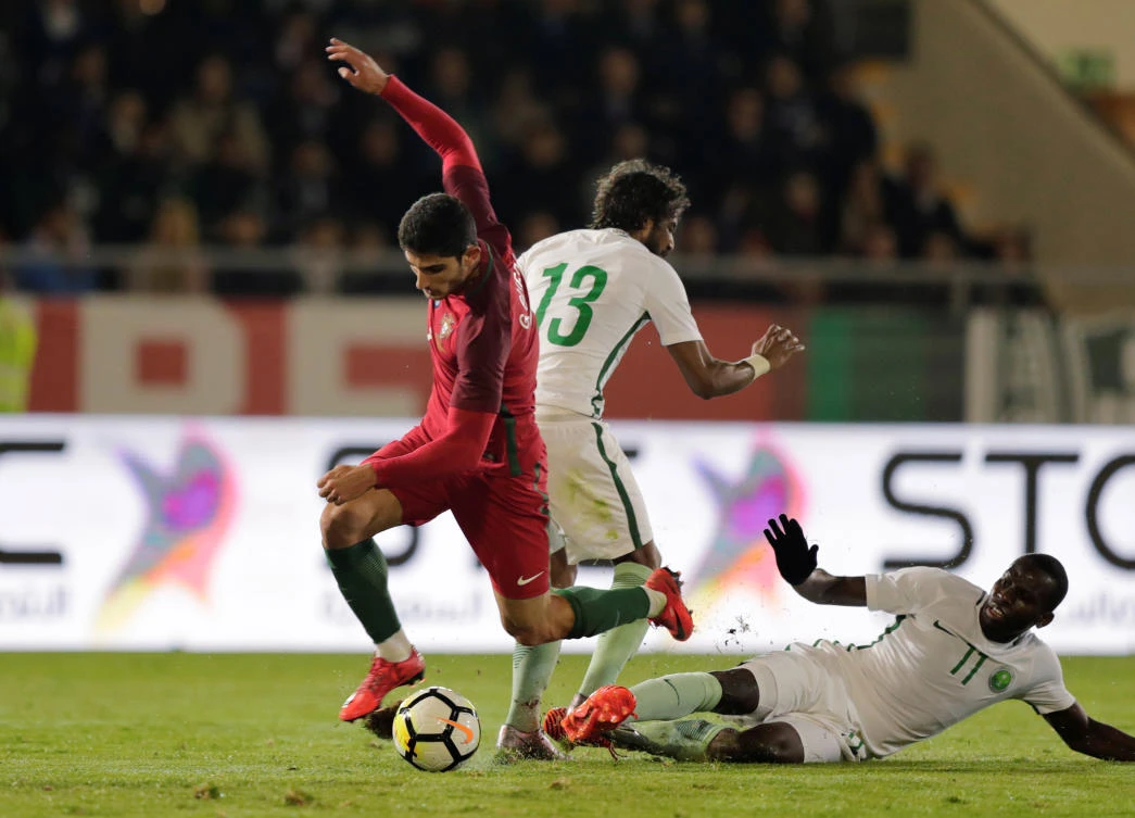 Goncalo Guedes scored one set up another to ease European champions Portugal past Saudi Arabia. (Reuters)