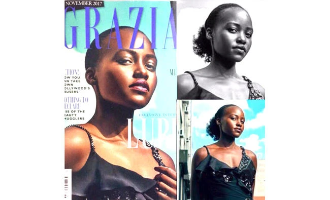 Lupita Nyong’o posted this image, showing that her frizzy bob of hair had been removed and the rest smoothed out on the Grazia UK cover.