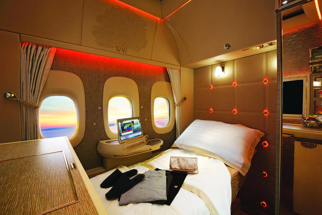 Emirates yesterday unveiled its latest first-class suite design at the Dubai Airshow. (Photo courtesy of Emirates)