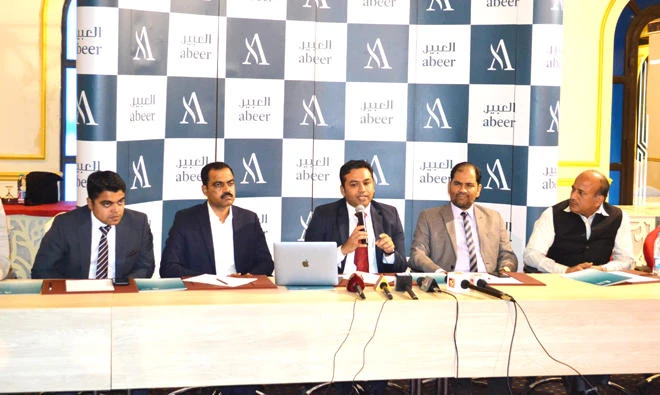 Jemshith Ahmed, vice president — strategic planning, Abeer Medical Group, addresses the media at a press conference in Jeddah. Also seen are: Abdul Rahman, business development manager, Jayan K.; vice president — projects and business development; Jabir Valiyakath, vice president — finance; and Asif Daudi, managing committee chairman, IISJ.