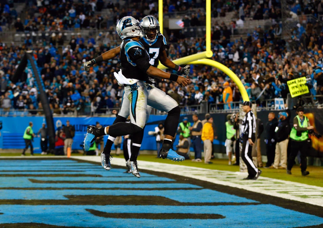Carolina Panthers quarterback Cam Newton (1) and wide receiver Devin Funchess (17) celebrate a touchdown in the second quarter against the Miami Dolphins at Bank of America Stadium. (Jeremy Brevard-USA Today Sports)