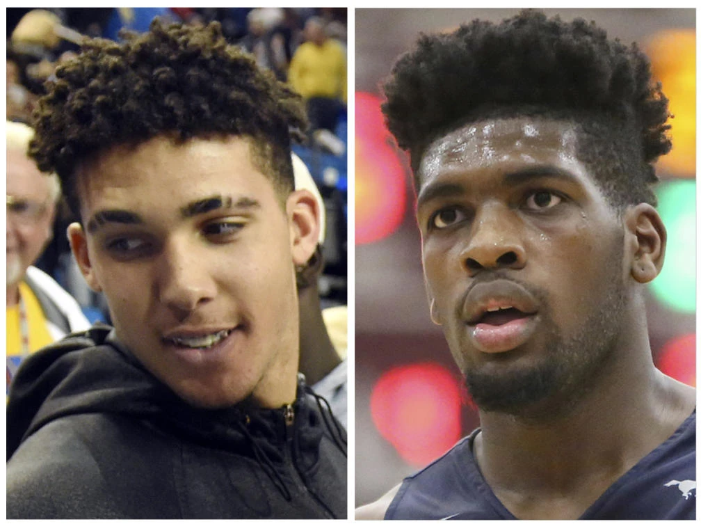 UCLA NCAA college basketball players, Liangelo Ball, left, and Cody Riley are shown in these file photos. The UCLA basketball team is heading back to Los Angeles without three players arrested on shoplifting charges in China, according to a report. Citing sources, ESPN reports freshmen LiAngelo Ball, Cody Riley and Jalen Hill were to remain in Hangzhou, China. UCLA won its season-opening game 63-60 over Georgia Tech in Shanghai on Saturday. (AP/File)