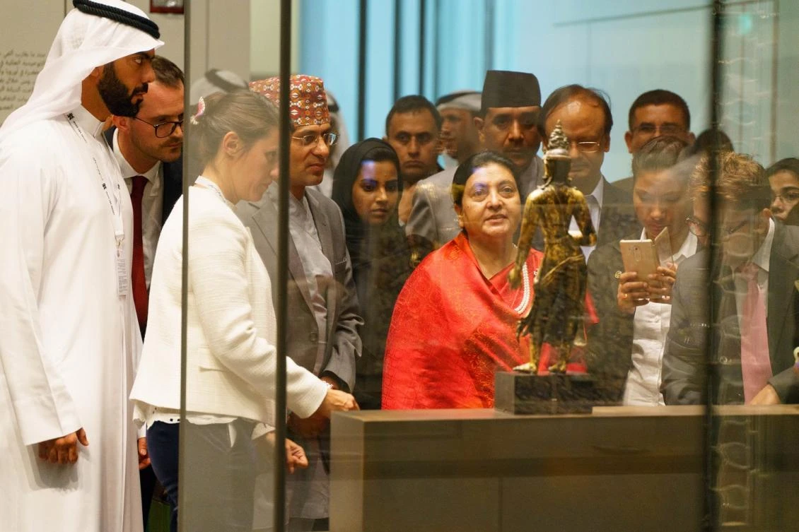 President Bidhya Devi Bhandari was welcomed by Saif Ghobash, director General of the Department of Culture & Tourism in Abu Dhabi. (Photo courtesy: Louvre Abu Dhabi)