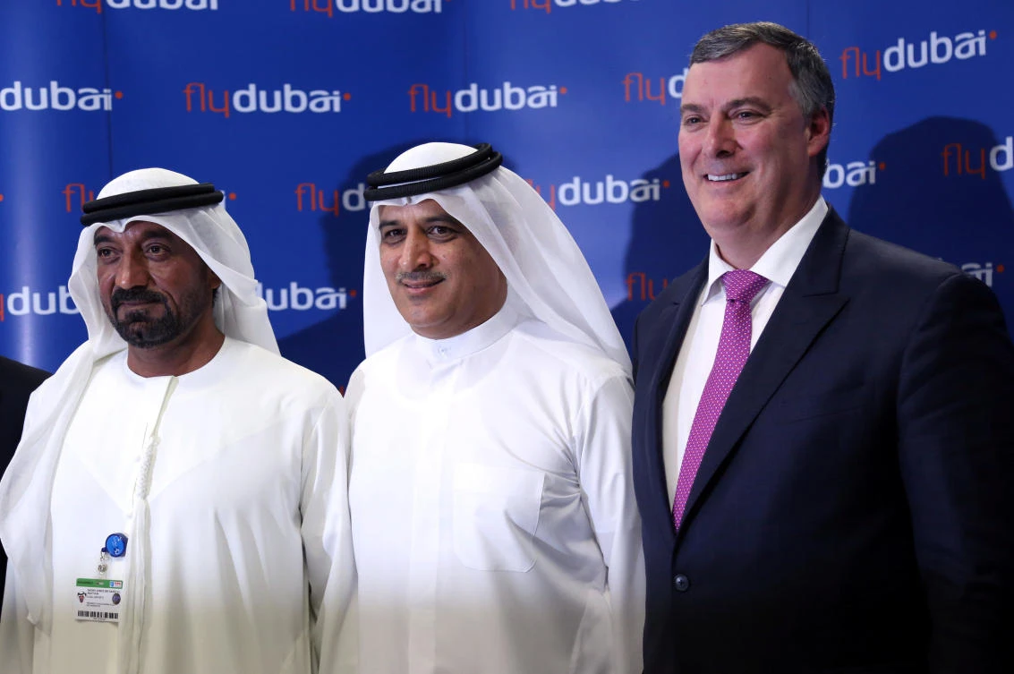 From left: Emirates Chairman Sheikh Ahmed bin Saeed Al-Maktoum, Flydubai Chief Executive Ghaith Al-Ghaith, and Boeing Commercial Airplanes President & Chief Executive Kevin McAllister during the announcement the agreement at the Dubai Airshow on November 15. (Reuters)