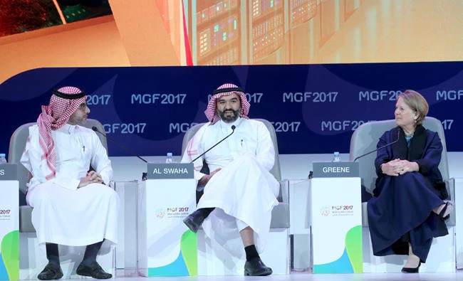 Saudi Minister of Communication and Information Technology Abdullah Alswaha, center, Google Cloud CEO Diane Greene, right, and Arab News Editor in Chief Faisal J. Abbas at a panel discussion on "Opportunities in Abundance — Youth, Help us Make it Happen” at the Misk Global Forum in Riyadh on Wednesday. (AN photo by Ahmed Fathi)