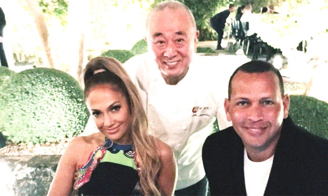 Jennifer Lopez and Alex Rodriquez with chef Nobu Matsuhisa in Dubai.