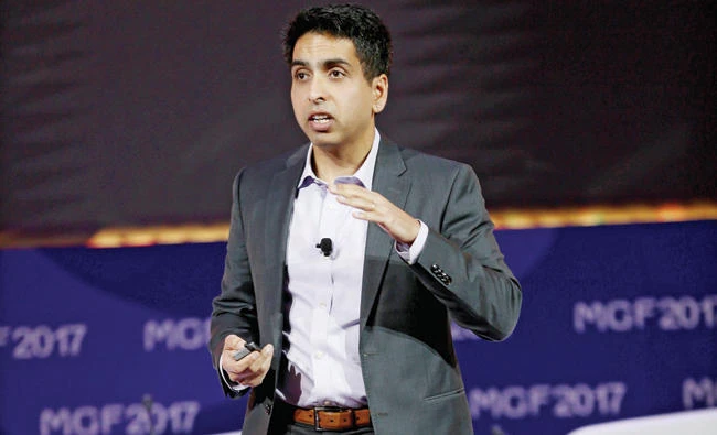 Sal Khan, founder of Khan Academy, speaks at the Misk Global Forum in Riyadh on Wednesday. (AN photo)