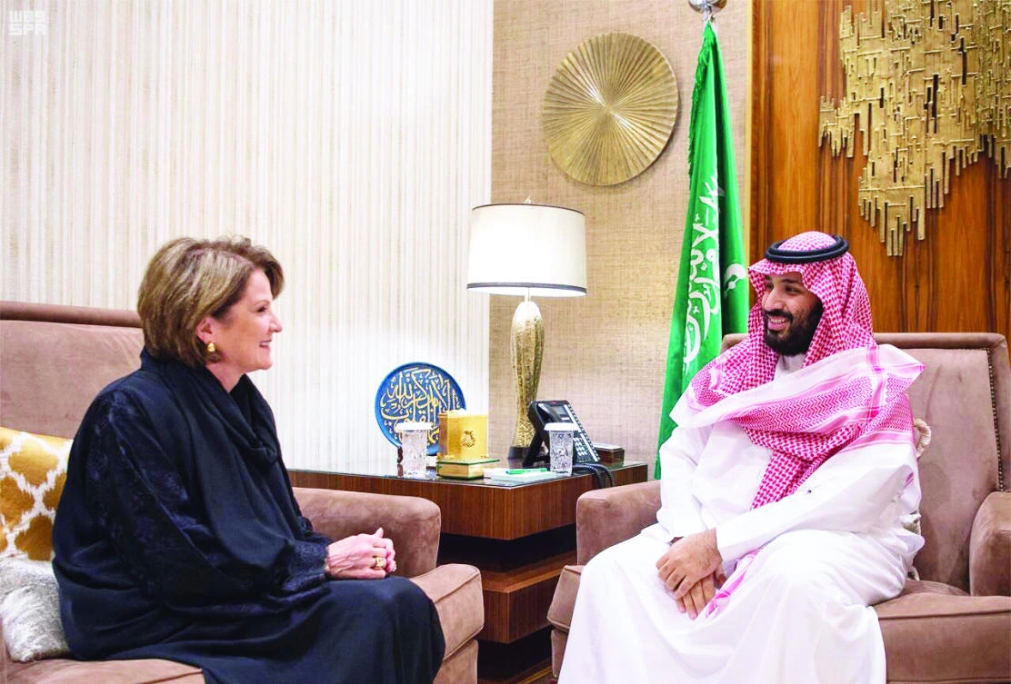 Crown Prince Mohammed bin Salman meets Marillyn A. Hewson, chairwoman, president and CEO of Lockheed Martin, on Tuesday. (SPA)