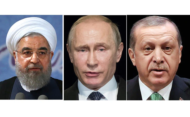 from left: Turkish President Recep Tayyip Erdogan, Russian President Vladimir Putin and Iranian President Hassan Rouhani.