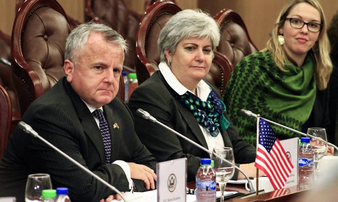 US Deputy Secretary of State John Sullivan attends a meeting on Thursday at the Foreign Ministry headquarters in Khartoum, Sudan. (AFP)