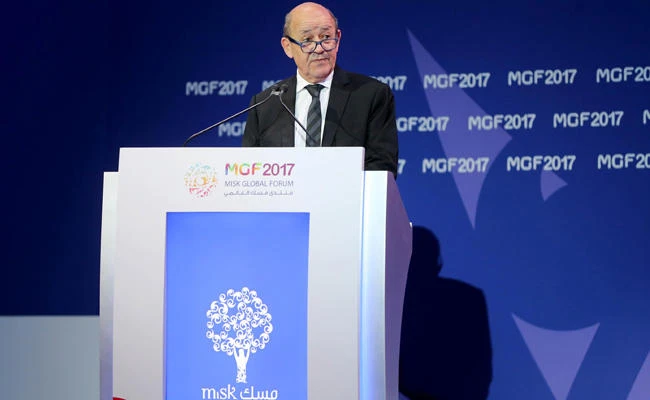 Jean-Yves Le Drian, French minister of Europe and foreign affairs, speaks at the Misk Global Forum on Thursday. (AN photo by Ahmed Fathi)