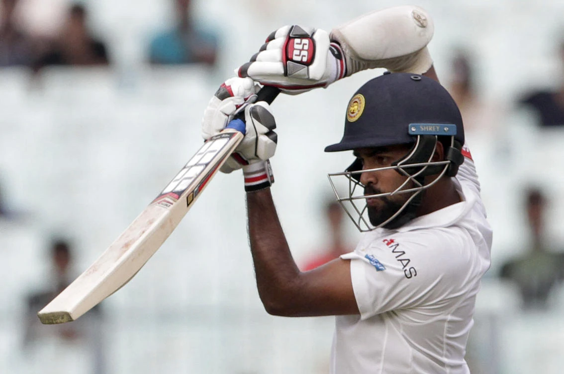 Sri Lanka’s Lahiru Thirimanne bats during the third day of their first test cricket match against India in Kolkata on Saturday, November 18. (AP)