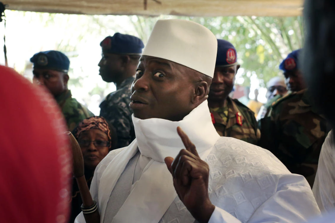 In this Thursday, Dec. 1, 2016 file photo, Gambia’s President Yahya Jammeh shows his inked finger before voting in Banjul, Gambia. Jammeh took power in 1994 in a bloodless coup, ruling the tiny West African nation for more than 22 years. (AP)