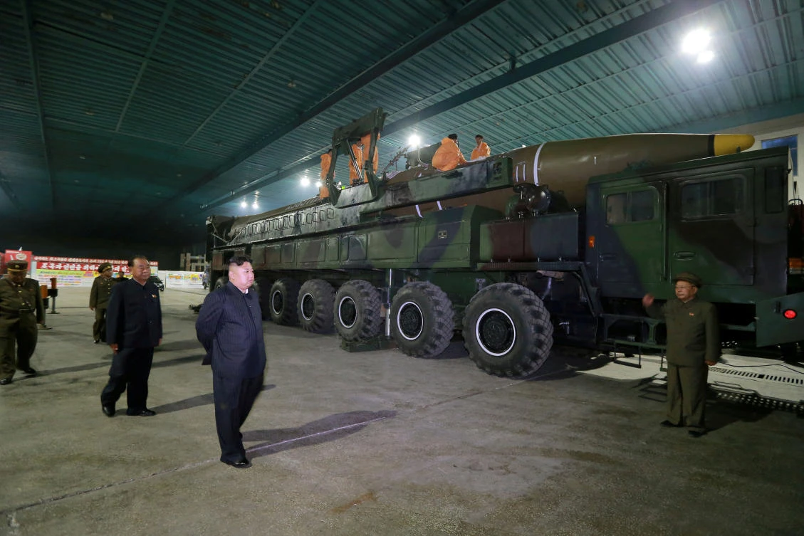 North Korean leader Kim Jong Un inspects the intercontinental ballistic missile Hwasong-14 in this undated photo released by North Korea’s Korean Central News Agency in Pyongyang on July 5, 2017. (KCNA via Reuters)
