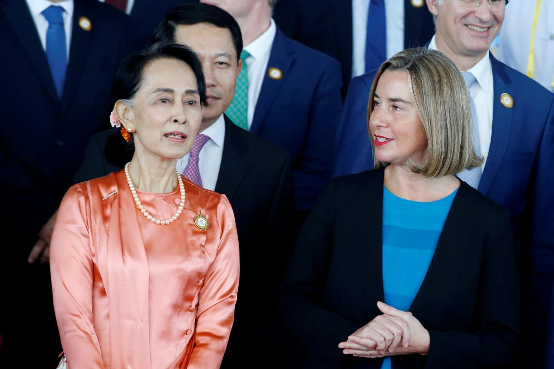 Myanmar State Counselor Aung San Suu Kyi, left, talks with the EU’s foreign policy chief Federica Mogherini during the 13th Asia Europe Foreign Ministers Meeting in Naypyitaw, Myanmar. (Reuters)