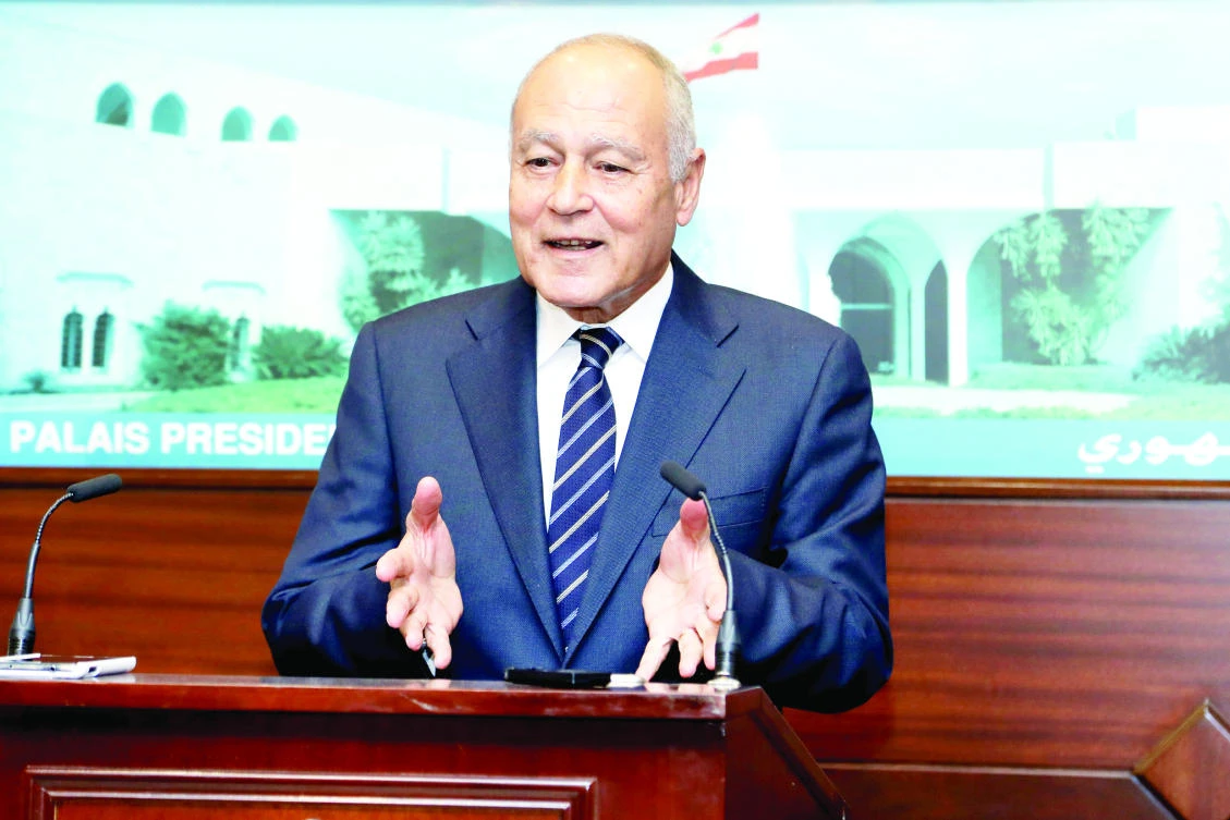 Arab League Secretary-General Ahmed Aboul Gheit speaks to reporters on Monday after his meeting with Lebanese President Michel Aoun in Baabda, east of Beirut. (AP)