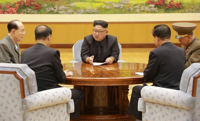 North Korean leader Kim Jong Un participates in a meeting with the Presidium of the Political Bureau of the Central Committee of the Workers' Party of Korea in this undated photo released by North Korea's Korean Central News Agency (KCNA) in Pyongyang on September 4, 2017. (REUTERS)