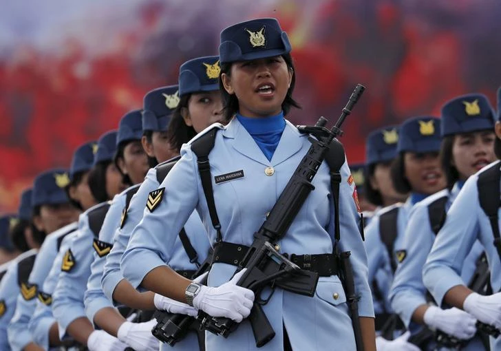 Members of the Indonesian Air Force parade during celebrations marking the 70th anniversary of the Air Force at Halim Perdanakusuma air base in Jakarta, Indonesia on April 9, 2016. (Reuters)
