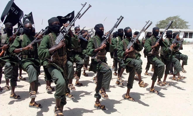 File: Hundreds of newly trained al-Shabab fighters perform military exercises in the Lafofe area some 18 km south of Mogadishu, in Somalia. (AP)