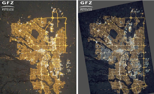 This photo combo of images provided by NASA's Earth Observatory/Kyba, GFZ shows photographs of Calgary, Alberta, Canada, taken from the International Space Station on Dec. 23, 2010, left, where residential areas are mainly lit by orange sodium lamps; and on Nov. 27, 2015, right, where many areas on the outskirts are newly lit compared to 2010, and many neighborhoods have switched from orange sodium lamps to white LED lamps. (NASA's Earth Observatory/Kyba, GFZ via AP)