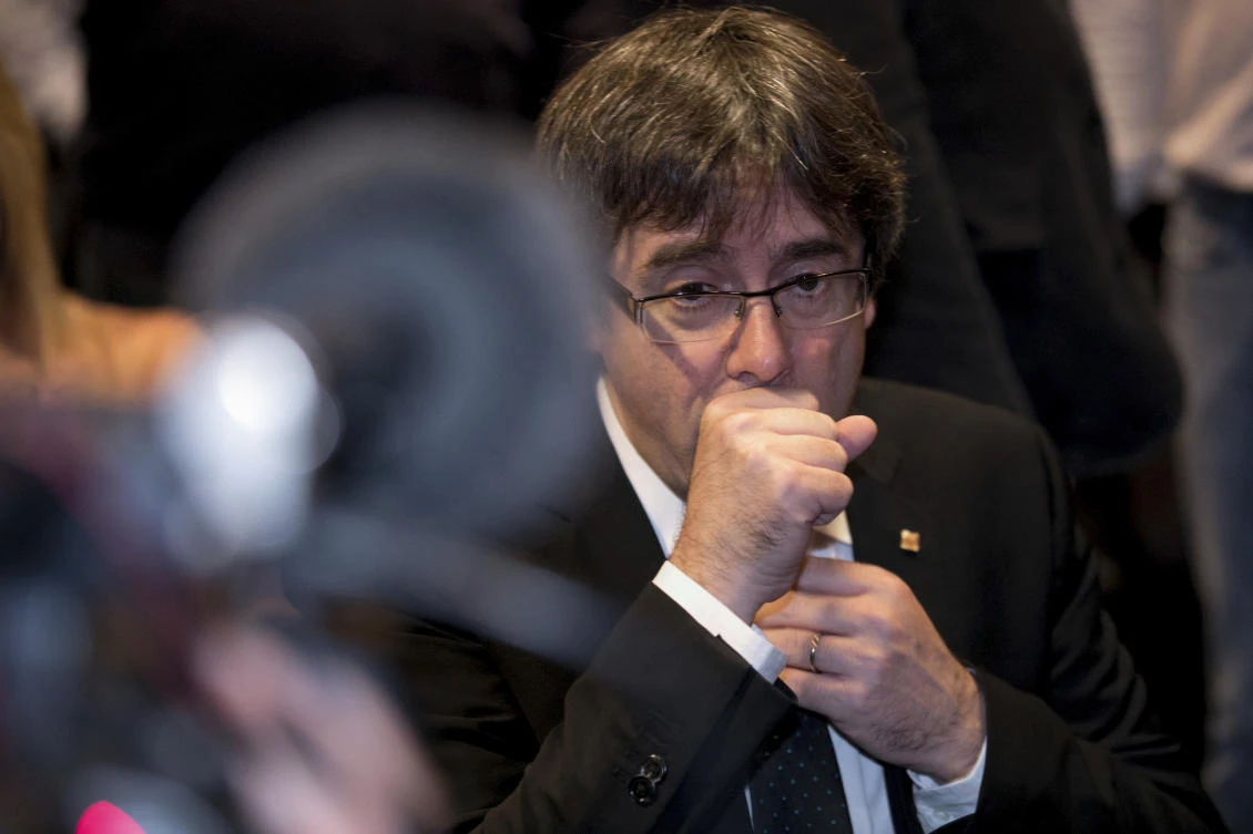 Ousted Catalan president Carles Puigdemont attends a presentation of the candidate list for the Catalan regional elections at a hotel in Oostkamp, Belgium on Saturday, November 25. (AP)