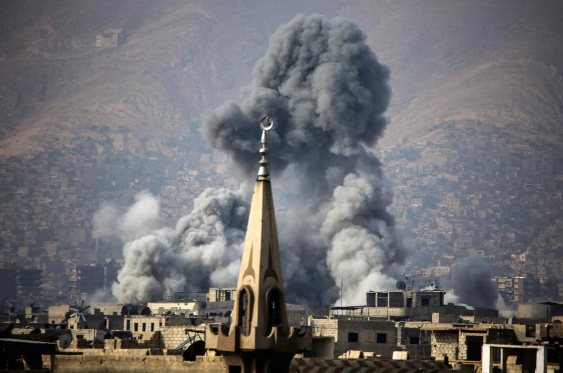 This file photo shows smoke rising following a reported air strike on the rebel-held besieged town of Arbin, in the Eastern Ghouta region on the outskirts of Damascus on November 23, 2017. (AFP)