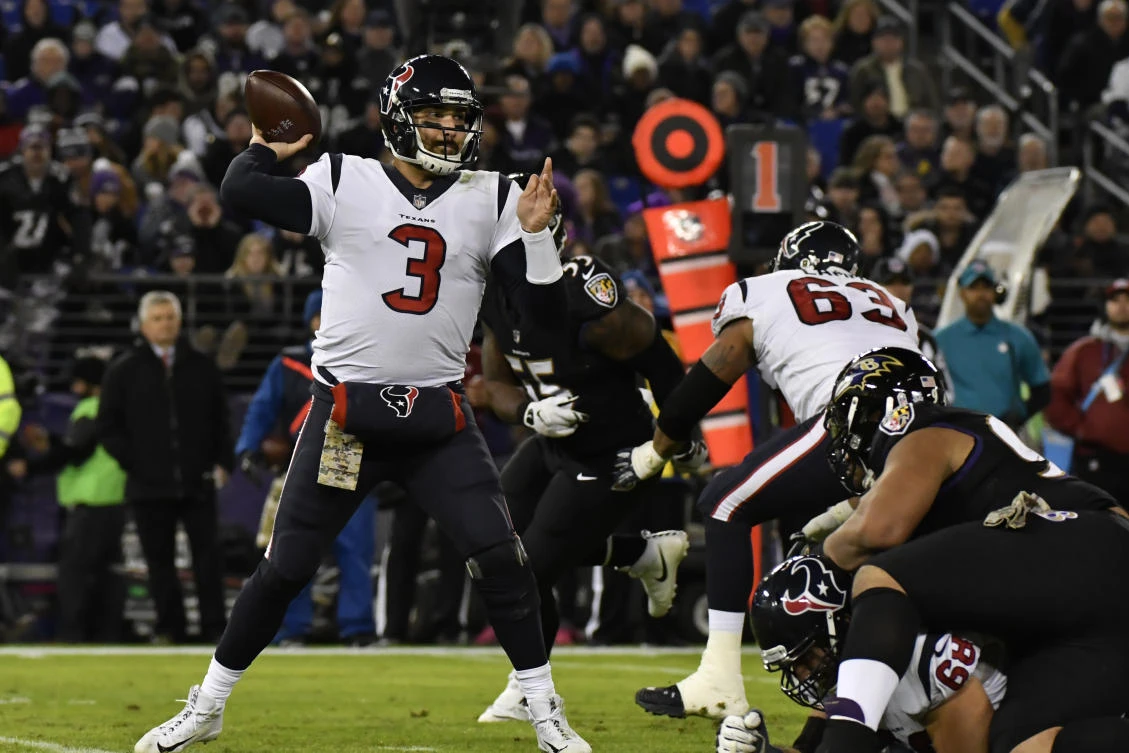 Houston Texans quarterback Tom Savage (3) passes as Baltimore Ravens linebacker Terrell Suggs (55) applies pressure during the third quarter at M&T Bank Stadium. Baltimore Ravens defeated Houston Texans 23-16. (Tommy Gilligan-USA Today Sports)