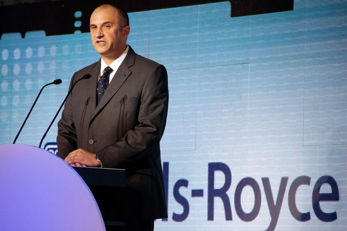 British engine maker Rolls-Royce CEO Eric Schulz delivering a speech after the delivery of China Southern Airlines firstAirbus A380 at the Airbus delivery center in Colomiers, southwestern France. Eric Schulz succeeded John Leahy as Chief Operating Officer (COO) of Airbus Customer Services, according to the airline company on Nov. 28, 2017. (AFP/Pascal Pavani)