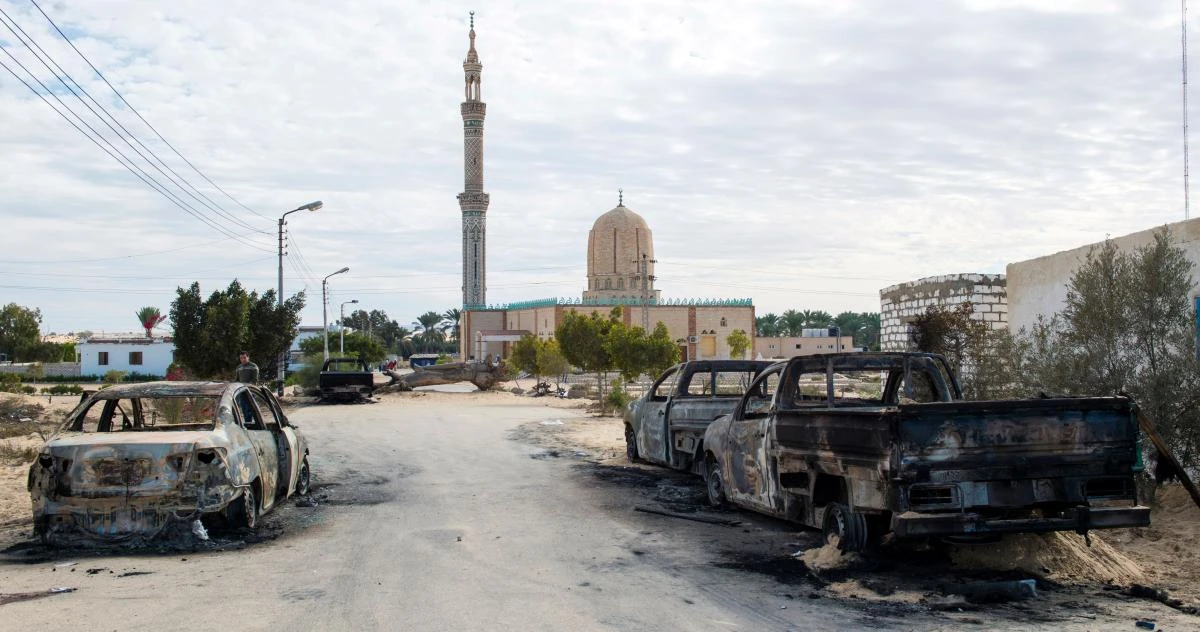 A picture taken on November 25, 2017, shows the Rawda mosque, roughly 40 kilometers west of the North Sinai capital of El-Arish, after a gun and bombing attack. Armed attackers killed at least 235 worshippers in a bomb and gun assault on the packed mosque in Egypt’s restive North Sinai province, in the country’s deadliest attack in recent memory. (AFP)