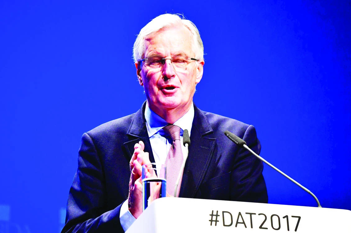 The EU’s chief negotiator for Brexit Michel Barnier gives a speech during the Deutscher Arbeitgebertag congress of German Employers’ Associations yesterday. (AFP)