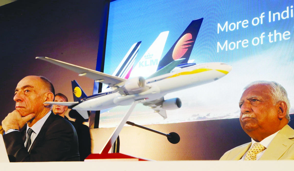 Jet Airways Chairman Naresh Goyal, right, sits with Air France-KLM Chairman and CEO Jean-Marc Janaillac during a press conference to announce the signing of an enhanced cooperation agreement in Mumbai. (AP)