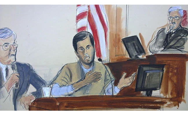 In this courtroom sketch, Turkish-Iranian gold trader Reza Zarrab, center, testifies on Nov. 29, 2017, in New York before Judge Richard Berman, right, that he helped Iran evade US economic sanctions with help from Turkish banker Mehmet Hakan Atilla. At left is an interpreter. (Elizabeth Williams via AP)