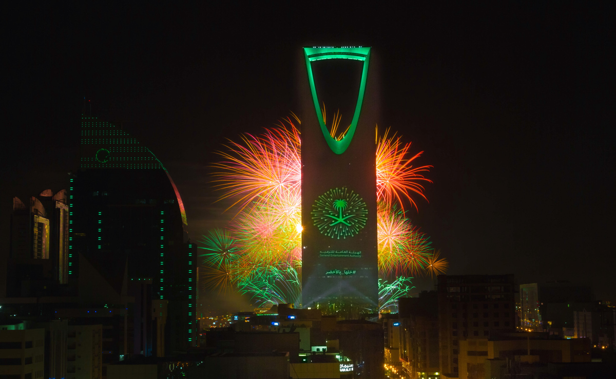September 23, 2017 — The Kingdom Tower in Riyadh was lit up against the night skies with a display of fireworks and the largest HD projection on a tower in the world. (AN photo by Munavvar Munna)