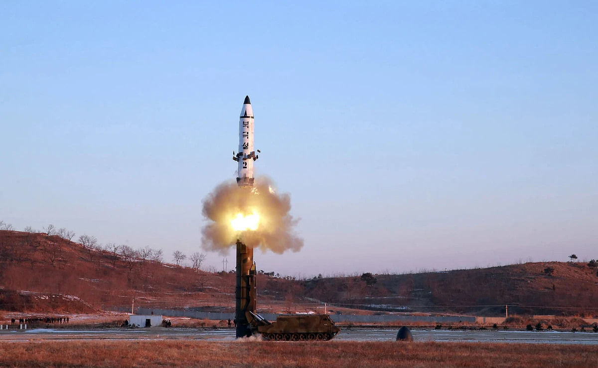 February 12 — This handout photo by North Korea's state-run news agency shows the test-firing of a new ballistic missile that traveled 500 kilometers (310 miles) before landing in the Sea of Japan, also known as the East Sea. (AFP)
